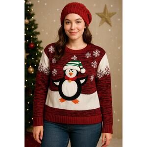 Cozy Penguin Christmas Sweater Red White Snowflake Knit United States Sweaters M